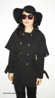 BLACK DOUBLE BREASTED BELTED CAPELET TRENCH COAT JACKET  