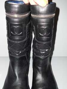 CHANEL Motorcycle Biker Zipper Quilted Boots Black 37.5  