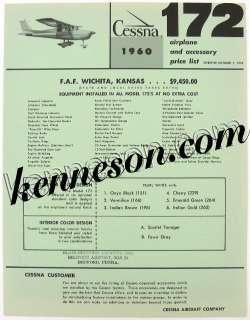   Aircraft 172 1960 Airplane and Accessory Price List Dealer Brochure