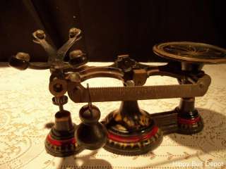   Antique Apothecary Balance Scales Black Cast Iron & Brass Weights
