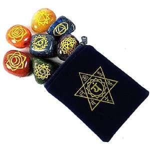  ~ Set of 7 Chakra Tumbled Stones w/ Engraved Symbols & Heart Chakra 