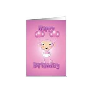 baby chimp balloons pink   happy birthday Card