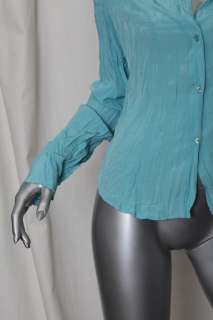 JUST CAVALLI Womens Powder Blue Button Down Crinkle Shirt Blouse Top M 