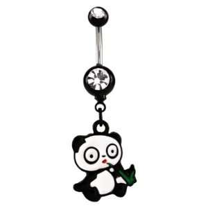  Stainless Steel Belly Ring with Black Acrylic Balls and Clear 