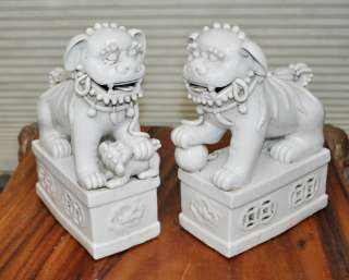 Foo Dogs, Chinese White Porcelain Foo Dog Lion Pair with Puppy  