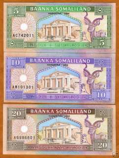 Somaliland Set, 5;10;20 shillings 1994 1996 P 1;2;3 UNC  
