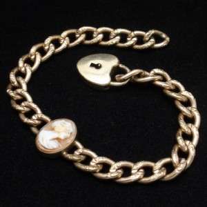 Cameo Heart Shaped Padlock Chased Curb Links Charm Bracelet Vintage 