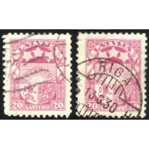  Two 1927 1933 Latvia 20 Santimu Type I & Type II Stamps 