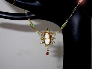   Gold Diamond Ruby Emerald Cameo Lavalier Necklace 6.2gr 17.5  