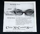 1953 OLD PRINT AD, CLAIRE McCARDELL, GLASSES & FRAMES