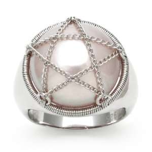   Silver and Freshwater Coin Pearl Ring with Chain Star Overlay Jewelry