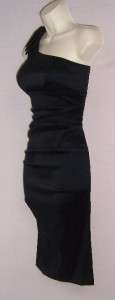 XSCAPE Black Ruched One Shoulder Stretch Taffeta Cocktail Party Dress 