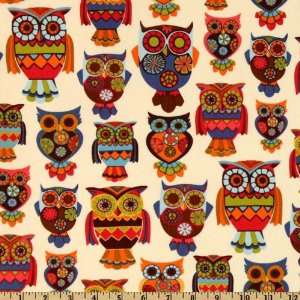  44 Wide Owl Psychedelic Owls Ivory Fabric By The Yard 