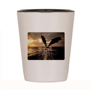  Shot Glass White and Black of Dolphins Flying in Sunset 
