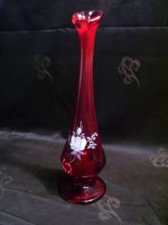 Vintage Fenton Ruby Glass Hand Painted Vase C. Shaffer  