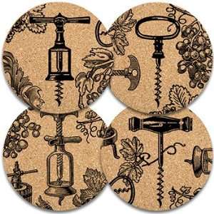 Round Shape Antique Corkscrews Cork Coasters, Set of 4  