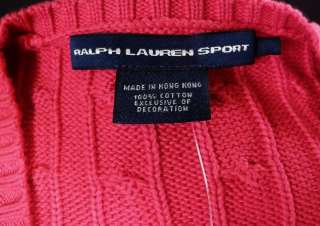   Lauren Fuschia Pink V Neck Cotton Cableknit Pony Sweater XS NEW  