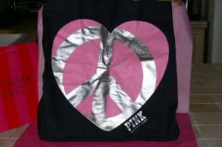Victoria Secret Pink BLACK Tote bag travel gym PEACE HEART Large FREE 