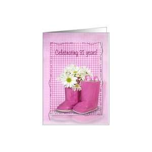  31st birthday, boots, daisy, gingham, birthday, pink Card 
