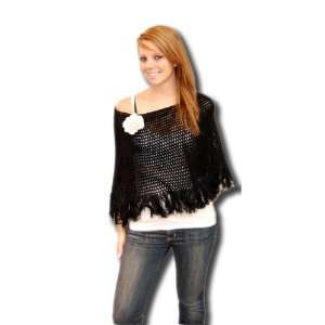   Red Fish Designs Black Crochet Poncho with Rose Pin 