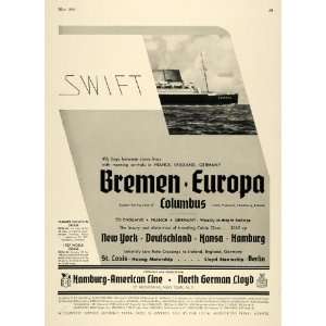 1936 Ad Hamburg American Cruises Ocean Travel Europa   Original Print 