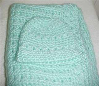 Hand Crochet Baby Blanket/Matching Hat Aqua 30x43 New  