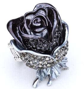 Black swarovski crystal rose flower stretch ring 39  