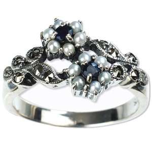  Gemini Silver Natural Seed Pearl Ring, Sapphire (Size 6 