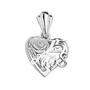   Silver Rhodium Coated CZ Quinceanera Sweet 15 Heart Charm Pendant