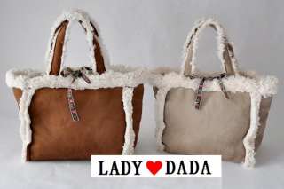Japan Brown Suede Leather Faux Fur Trim Shoulder Tote Handbag 