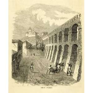  1856 Wood Engraving Arcos da Lapa Street Carioca Aqueduct 