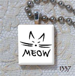 Black Cat Meow   Altered Art Scrabble Charm Pendant  