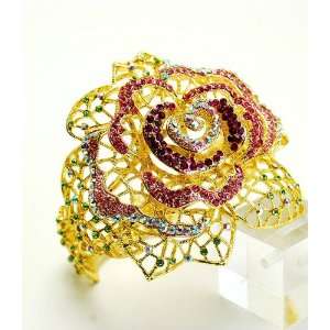   crystal rose flower golden pink floral hinge bracelet 