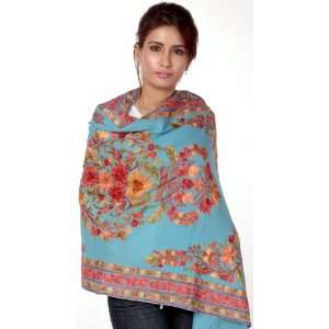 Sky Blue Ari Embroidered Stole from Kashmir with Embroidered Flowers 