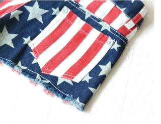 PUNK Style Casual Girls USA American Flag Star Jeans Short Pants 