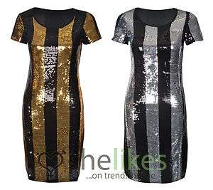   Stripe Short Sleeve Party Dress Ladies Black Glitter Party Dress