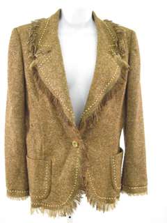 EMANUEL UNGARO Brown Tweed Fringe Blazer Pant Suit 38  