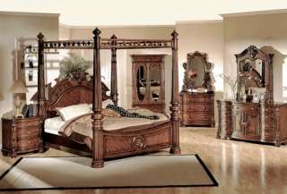Traditional Cherry Queen King Poster Canopy Bed 4 Pc Bedroom Set 