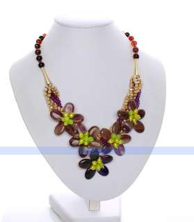 Designer 21 Agate Amethyst Jade Pearl Flower Necklace 