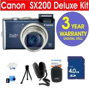  Canon PowerShot SX200 IS 12.1 MP Digital Camera (Blue) + 4 GB High 