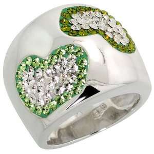  Sterling Silver CZ Heart Ring, w/ Clear & Peridot colored 