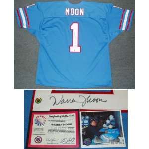 Warren Moon Signed Oilers t/b Blue Jersey  Sports 