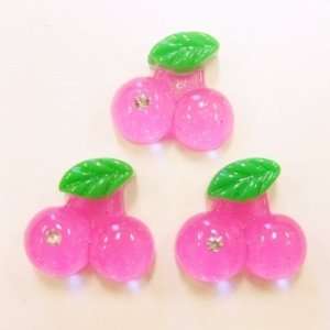  5pc Hot Pink Glitter Cherries Flat Back Resins Cabochons 