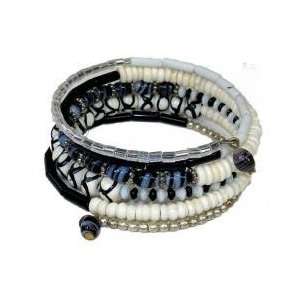   Five Turn Bead and Bone Bracelet   Black & White 