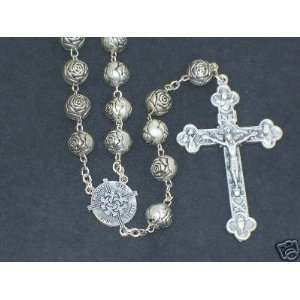  8mm Coin Silver Rose Beads with Basilica Rosary 22 Long 