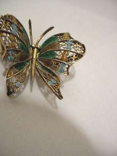 Vintage Gold Colored 800 Silver Enamel Filigree Butterfly Pin  