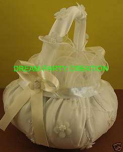 IVORY Ruffled ORGANZA Flower Girl BASKET CHOOSE From 17 BOW COLORS 