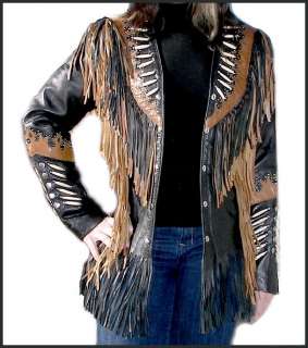 Womens LRG Fringed Leather Western Indian Luxury Dress Jacket 