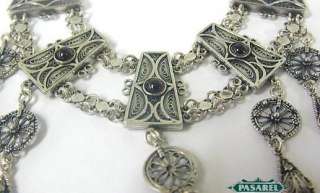 Artisan Ethnic Yemenite Silver Filigree Garnet Necklace  