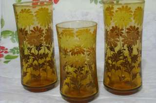 LIBBEY vintage AMBER YELLOW BROWN FLOWERS GLASSES lot of 3 EXC  